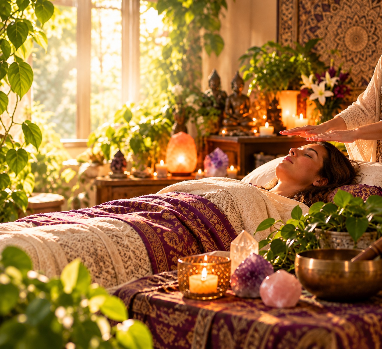 Hands-near energy healing in a candlelit plant-filled room